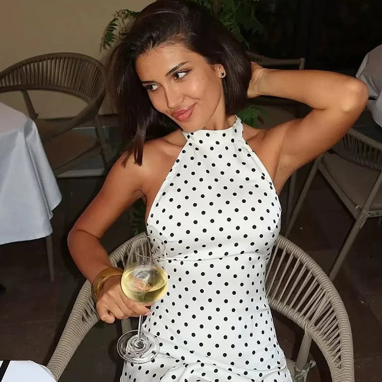 Polka Dot Elegant Off Shoulder Sleeveless Backless High Waist Halter Mini Dress