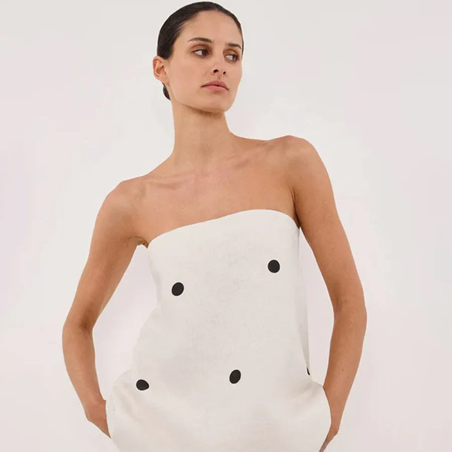Backless Polka Dot Tops Pants Sets Loose Strapless Back Split Vest Pocket Wide Leg Pant