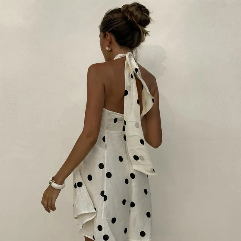 Polka Dot Halter Mini Dress Women Double Layer Lace Up Backless Boho Dresses Printed Dress For Beach Holiday