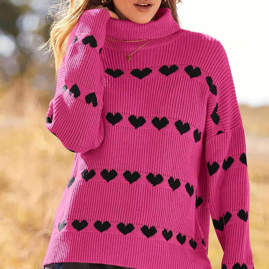 Valentine's Day Women's Heart Print Sweaters Long Sleeve Turtleneck Oversized Pullovers Casual Knit Tops