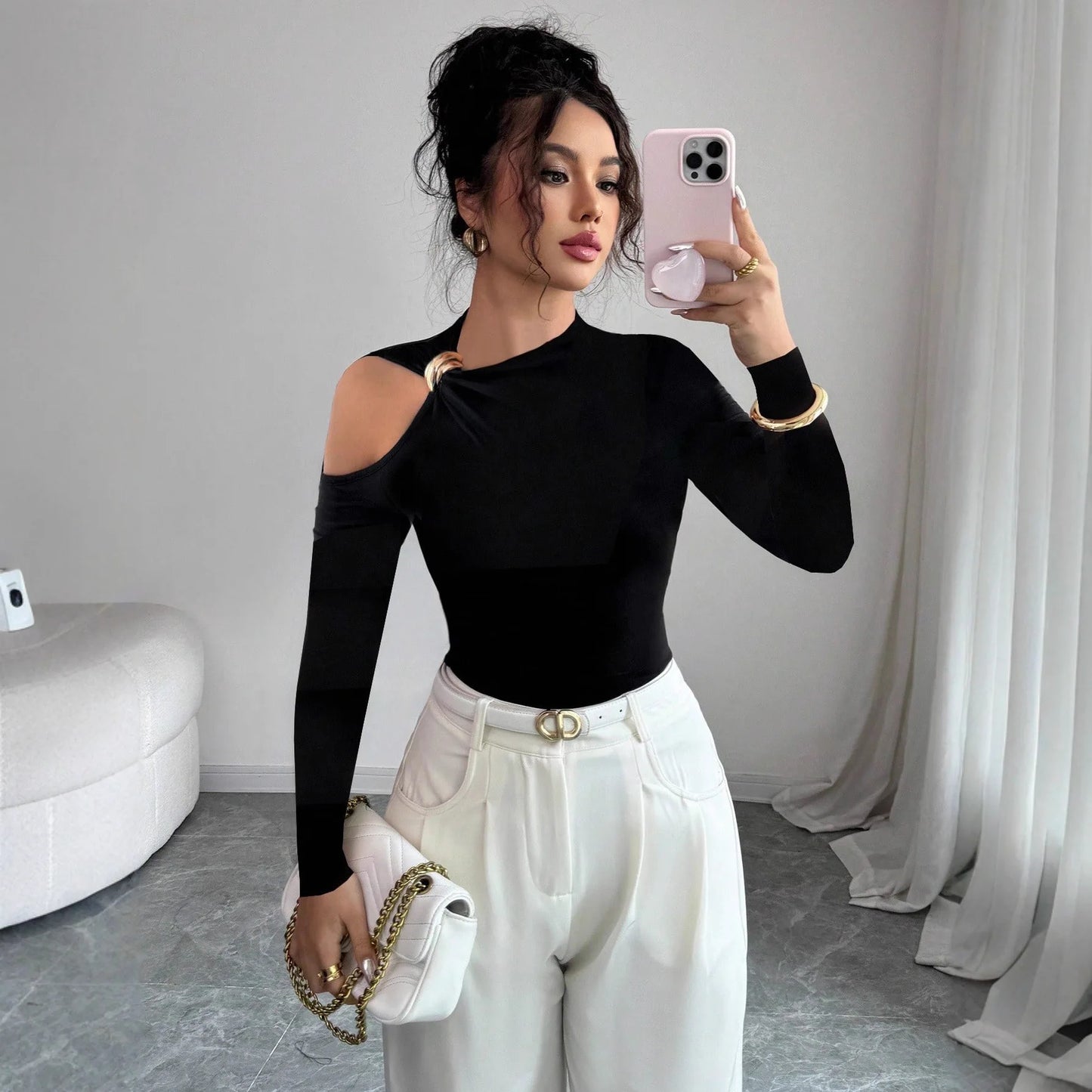 Asymmetric Collar Single-sided Off-shoulder Metal Decorative Slim Top