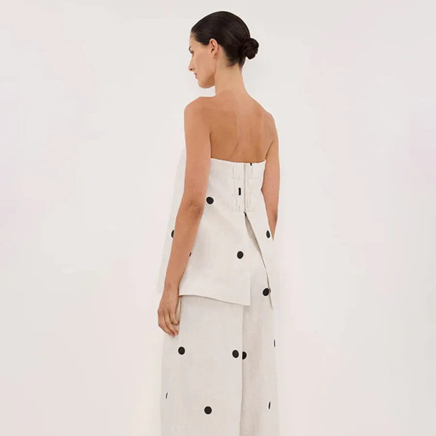 Backless Polka Dot Tops Pants Sets Loose Strapless Back Split Vest Pocket Wide Leg Pant