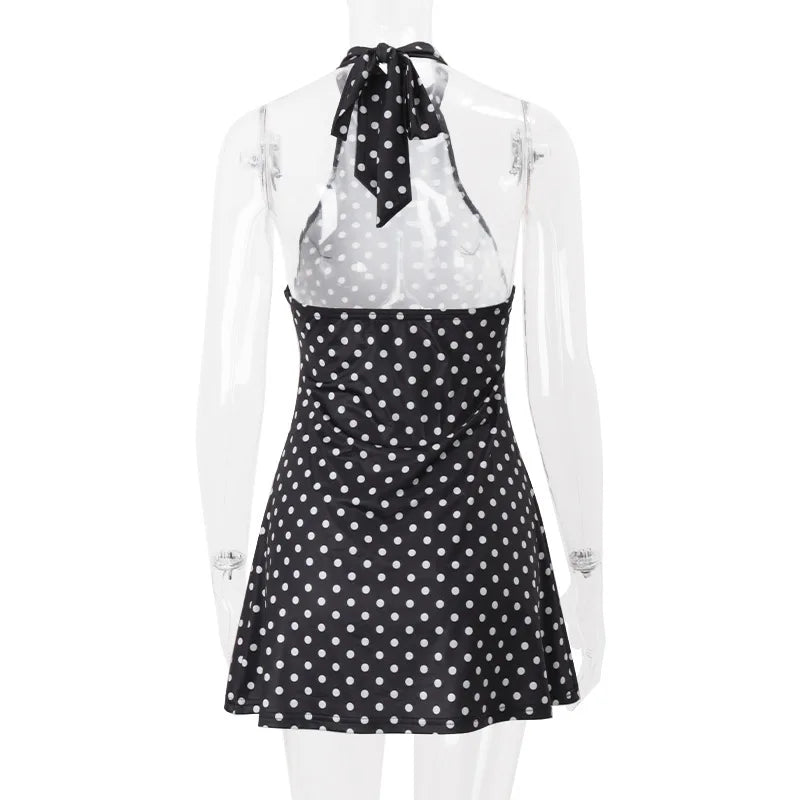 Polka Dot Elegant Off Shoulder Sleeveless Backless High Waist Halter Mini Dress