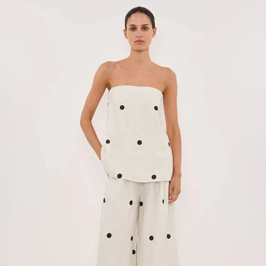 Backless Polka Dot Tops Pants Sets Loose Strapless Back Split Vest Pocket Wide Leg Pant