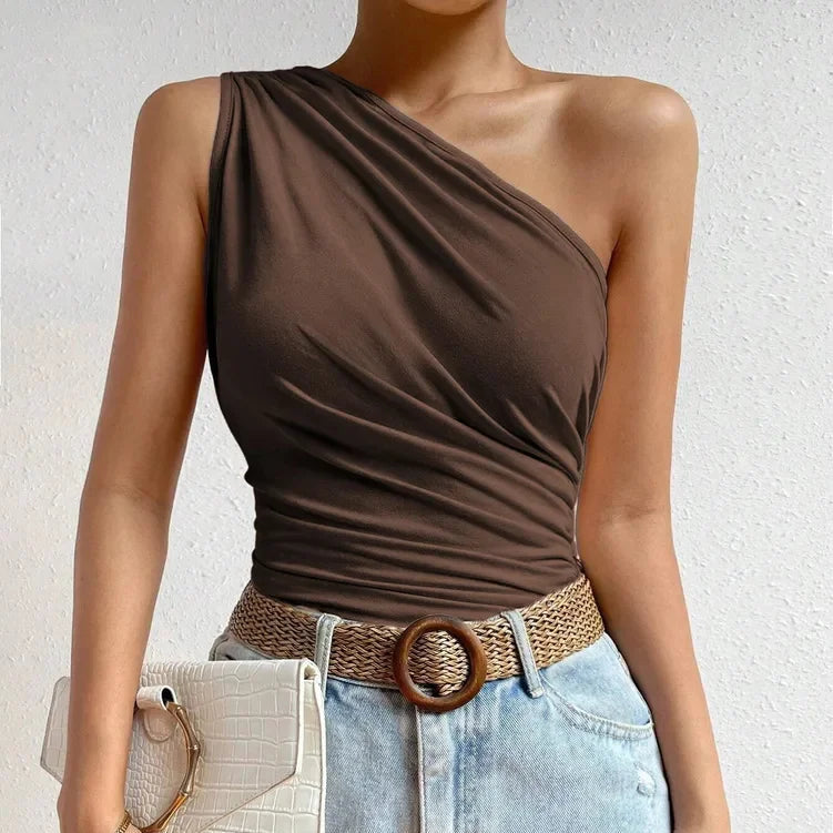 One Shoulder Pleated Tank Top Summer Solid Sleeveless Ruched T-shirt Streetwear Off the Shoulder Top