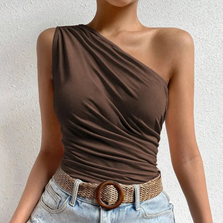 One Shoulder Pleated Tank Top Summer Solid Sleeveless Ruched T-shirt Streetwear Off the Shoulder Top