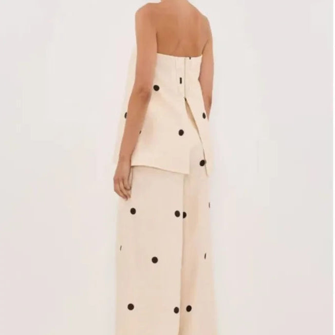 Backless Polka Dot Tops Pants Sets Loose Strapless Back Split Vest Pocket Wide Leg Pant