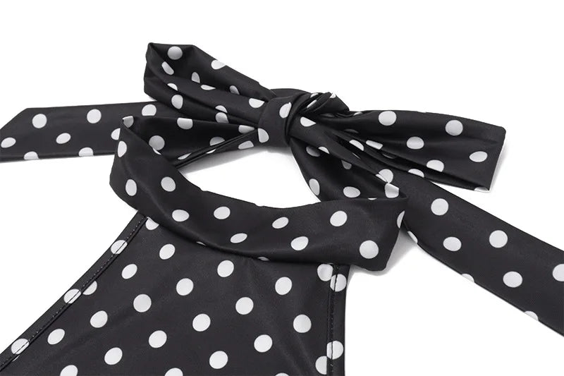 Polka Dot Elegant Off Shoulder Sleeveless Backless High Waist Halter Mini Dress