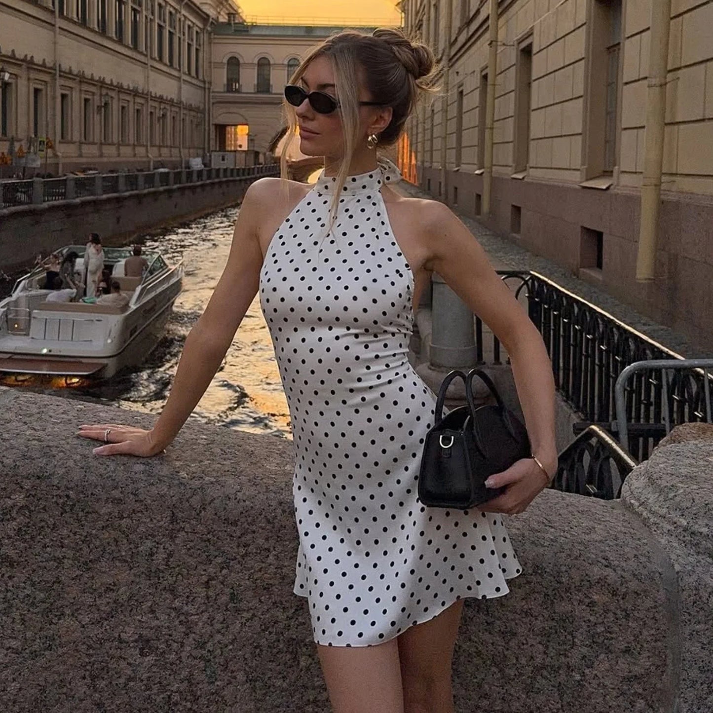 Polka Dot Elegant Off Shoulder Sleeveless Backless High Waist Halter Mini Dress