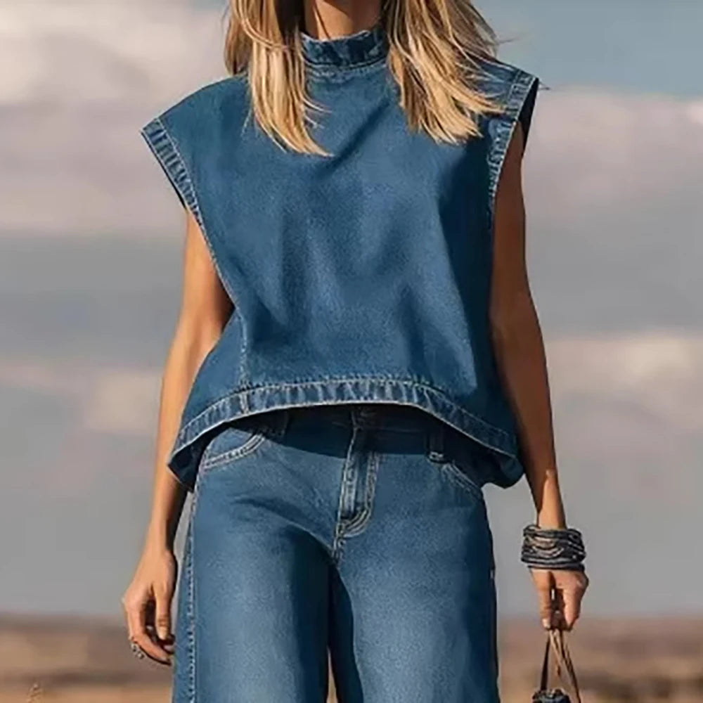 Vintage Western Denim Vest Top Two Piece Set Solid Crew Neck Sleeveless Loose T-Shirt With Wide Leg Pants