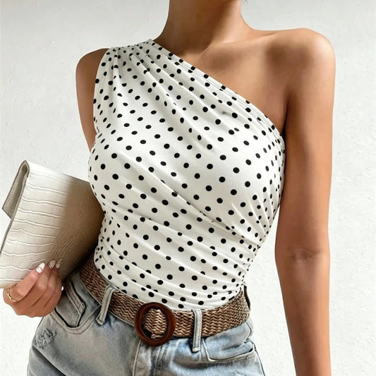 One Shoulder Pleated Tank Top Summer Solid Sleeveless Ruched T-shirt Streetwear Off the Shoulder Top