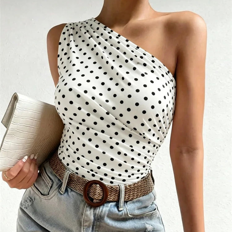 One Shoulder Pleated Tank Top Summer Solid Sleeveless Ruched T-shirt Streetwear Off the Shoulder Top
