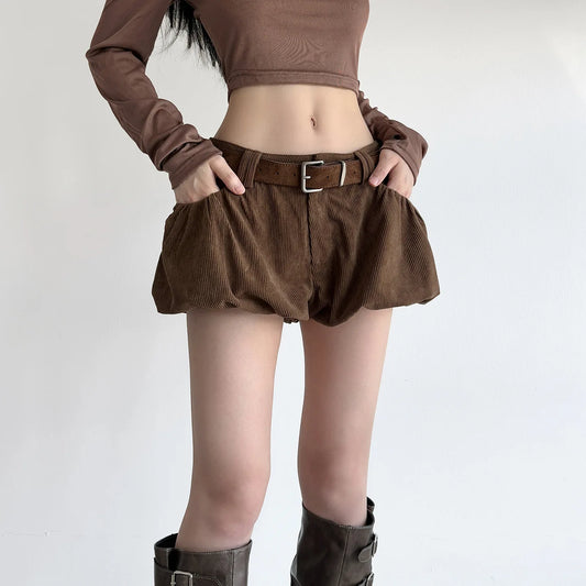 Autumn Brown Corduroy Culotte Shorts with Low-Waist & Suede Belt