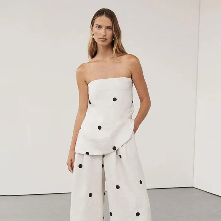 Backless Polka Dot Tops Pants Sets Loose Strapless Back Split Vest Pocket Wide Leg Pant
