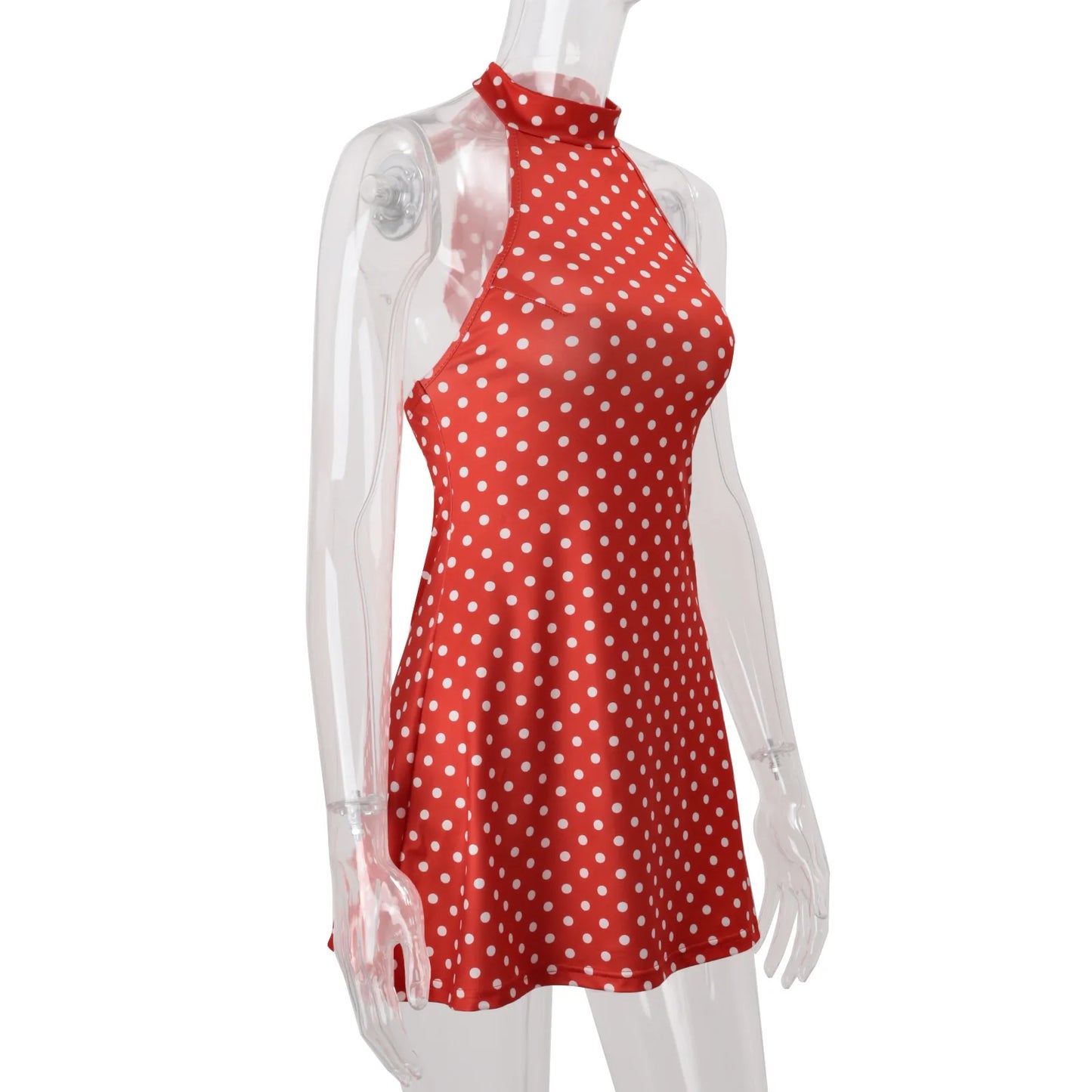 Polka Dot Elegant Off Shoulder Sleeveless Backless High Waist Halter Mini Dress