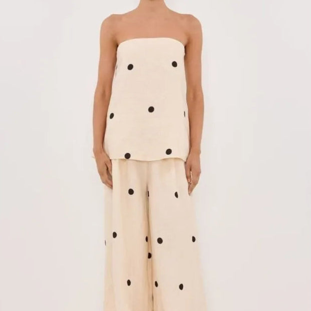 Backless Polka Dot Tops Pants Sets Loose Strapless Back Split Vest Pocket Wide Leg Pant