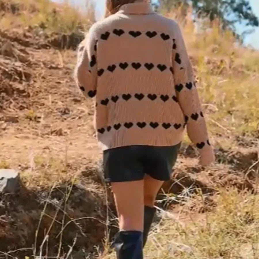 Valentine's Day Women's Heart Print Sweaters Long Sleeve Turtleneck Oversized Pullovers Casual Knit Tops