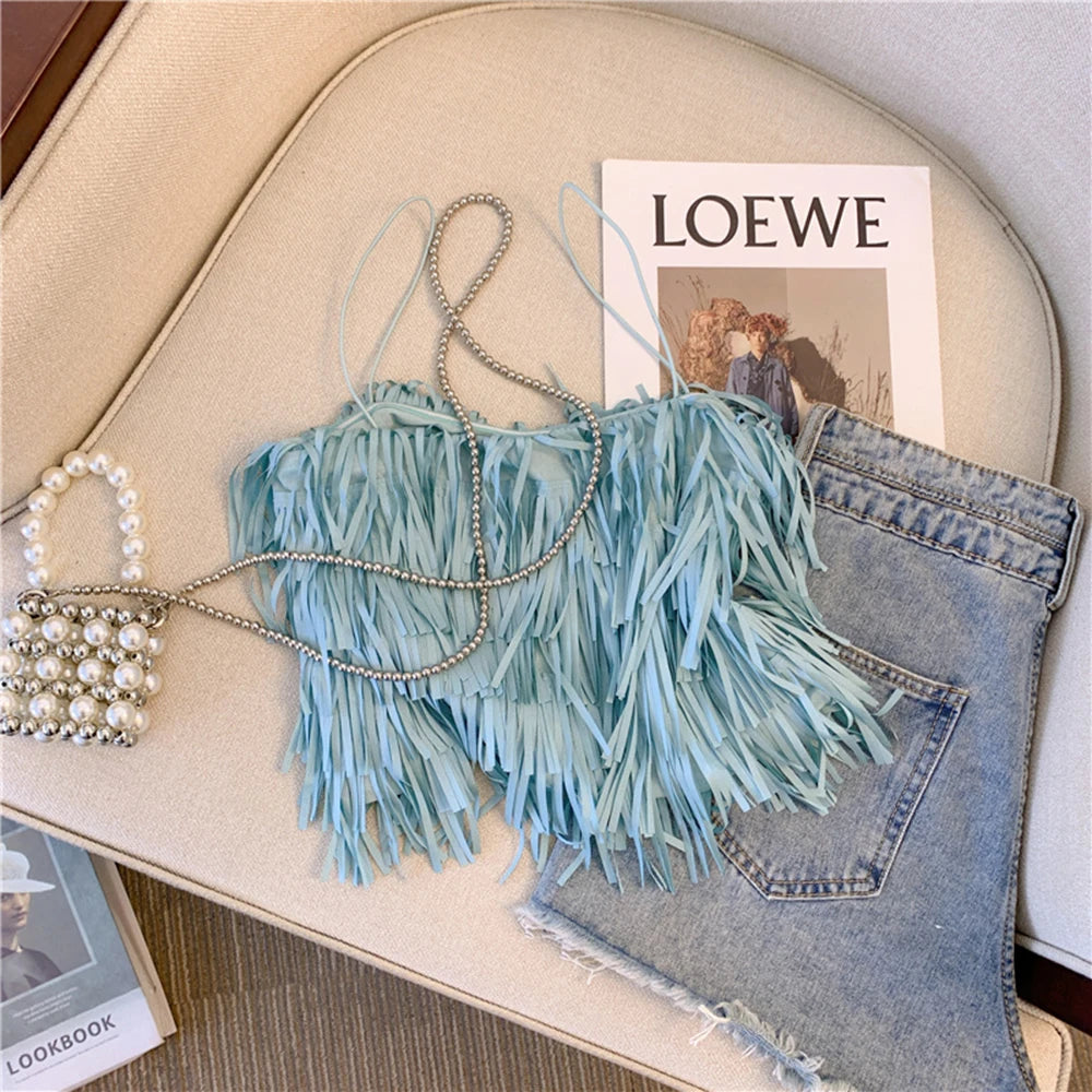 Sexy Fringed Halter Top Women's Summer New Blue Fashion Small Top Trendy Tassel Strap Vest Soft Tulle