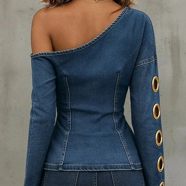 Retro Denim Off shoulder Top for Women Oblique Collar Long Sleeve Metal Ring Cut Out Blouses