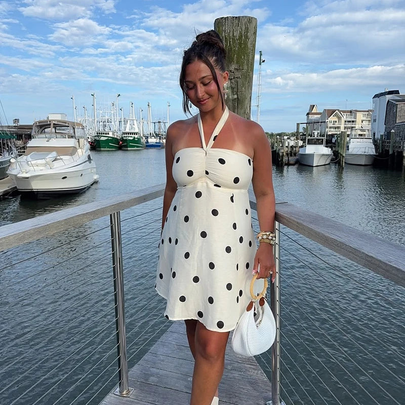 Polka Dot Halter Mini Dress Women Double Layer Lace Up Backless Boho Dresses Printed Dress For Beach Holiday