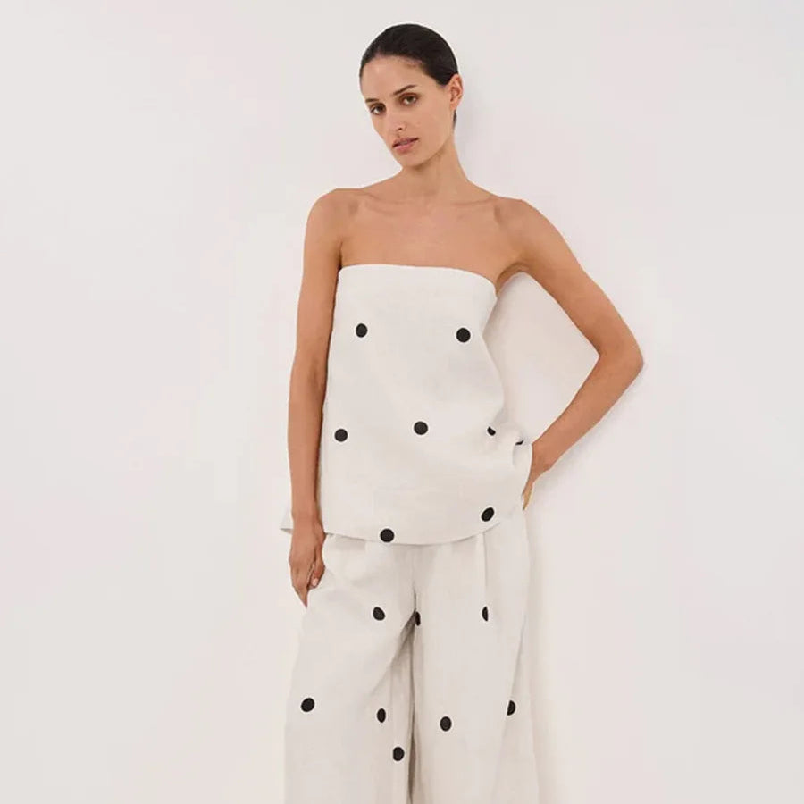 Backless Polka Dot Tops Pants Sets Loose Strapless Back Split Vest Pocket Wide Leg Pant