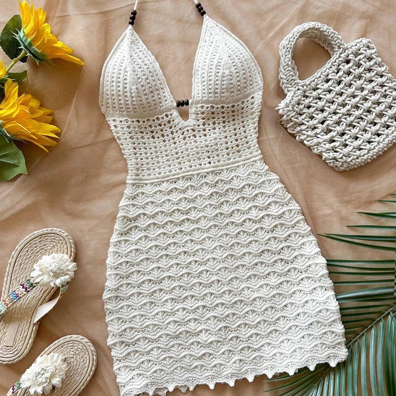 Spring Summer Sexy V-Neck Hollow out Dress Vacation Slim Strapless Beachwear Suitable for Date Occasions