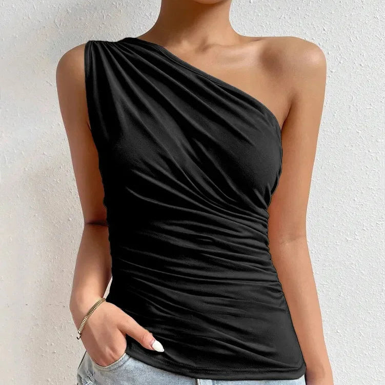 One Shoulder Pleated Tank Top Summer Solid Sleeveless Ruched T-shirt Streetwear Off the Shoulder Top