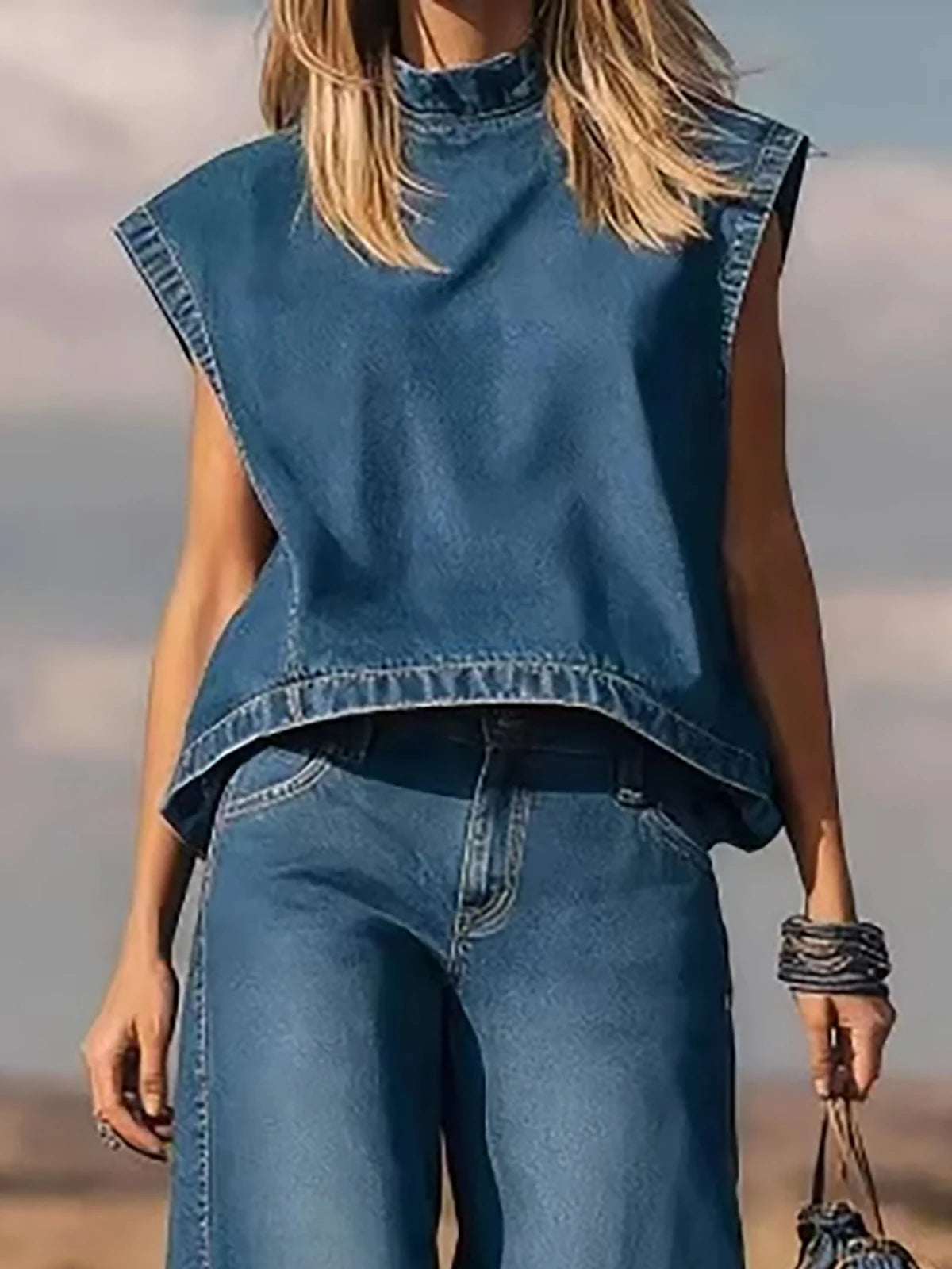 Vintage Western Denim Vest Top Two Piece Set Solid Crew Neck Sleeveless Loose T-Shirt With Wide Leg Pants