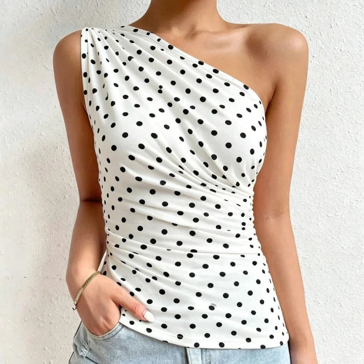 One Shoulder Pleated Tank Top Summer Solid Sleeveless Ruched T-shirt Streetwear Off the Shoulder Top