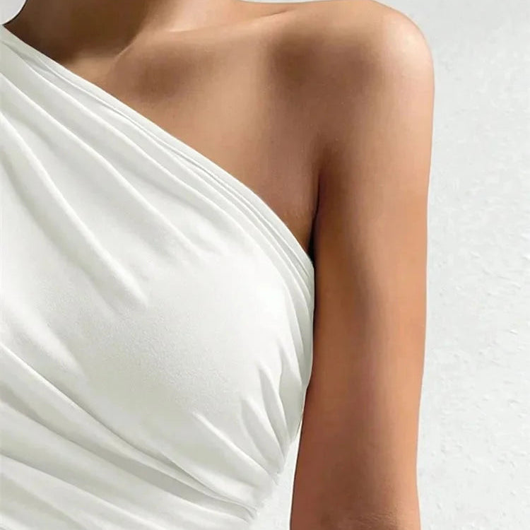 One Shoulder Pleated Tank Top Summer Solid Sleeveless Ruched T-shirt Streetwear Off the Shoulder Top