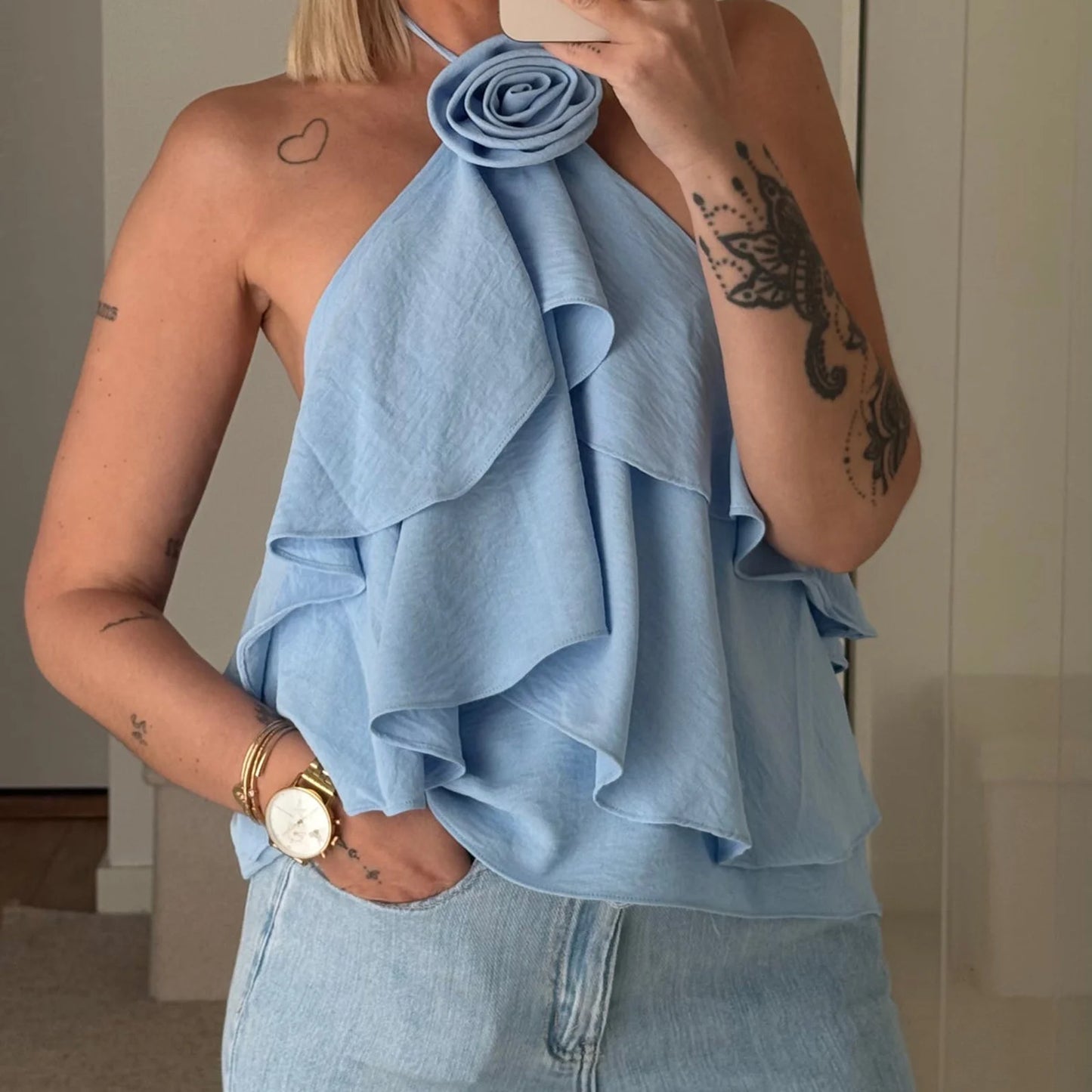 3D Flower Ruffles Vest Fashion Clubwear Tank Tops Tie Up Halter Vests Backless Blouses Sleeveless Tops