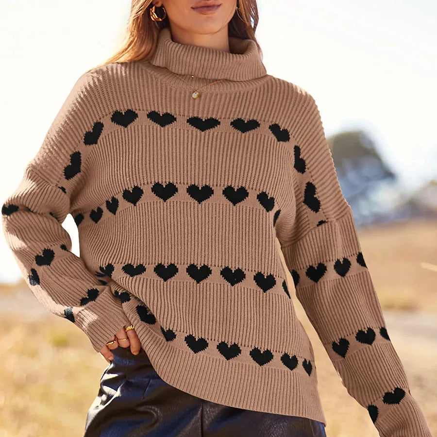 Valentine's Day Women's Heart Print Sweaters Long Sleeve Turtleneck Oversized Pullovers Casual Knit Tops
