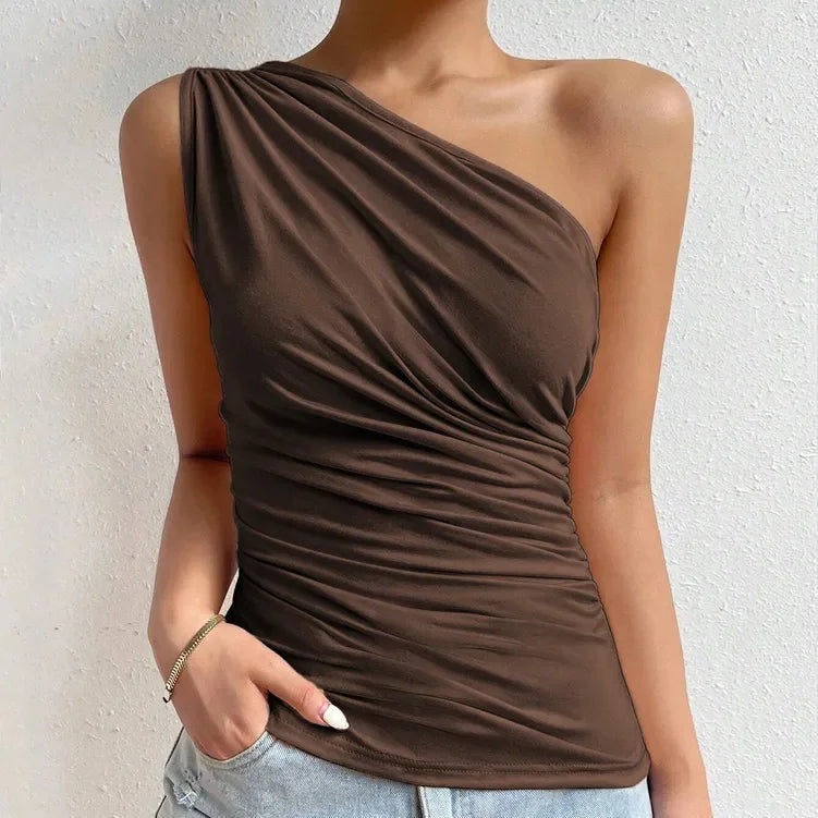 One Shoulder Pleated Tank Top Summer Solid Sleeveless Ruched T-shirt Streetwear Off the Shoulder Top