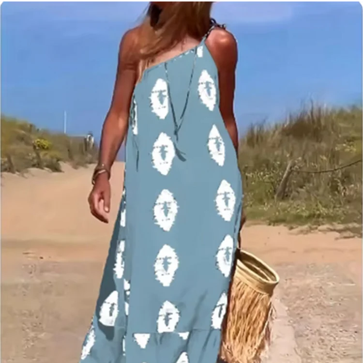 Women's Sleeveless Sloping Shoulder Dress Bohemian Printed Loose Dress Summer Sexy Party Dresses