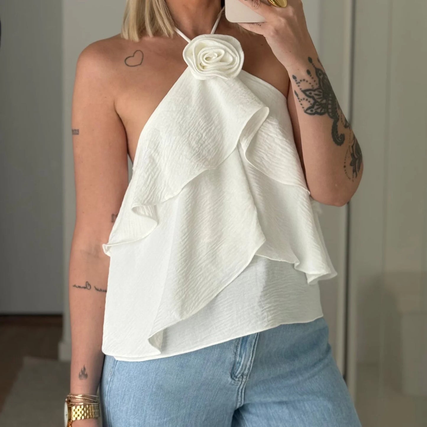 3D Flower Ruffles Vest Fashion Clubwear Tank Tops Tie Up Halter Vests Backless Blouses Sleeveless Tops