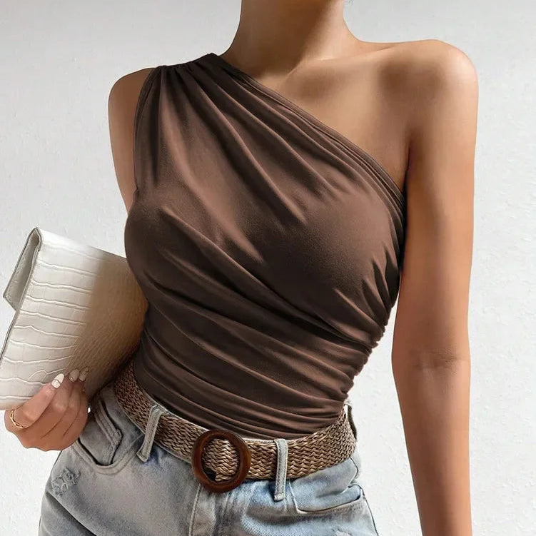 One Shoulder Pleated Tank Top Summer Solid Sleeveless Ruched T-shirt Streetwear Off the Shoulder Top