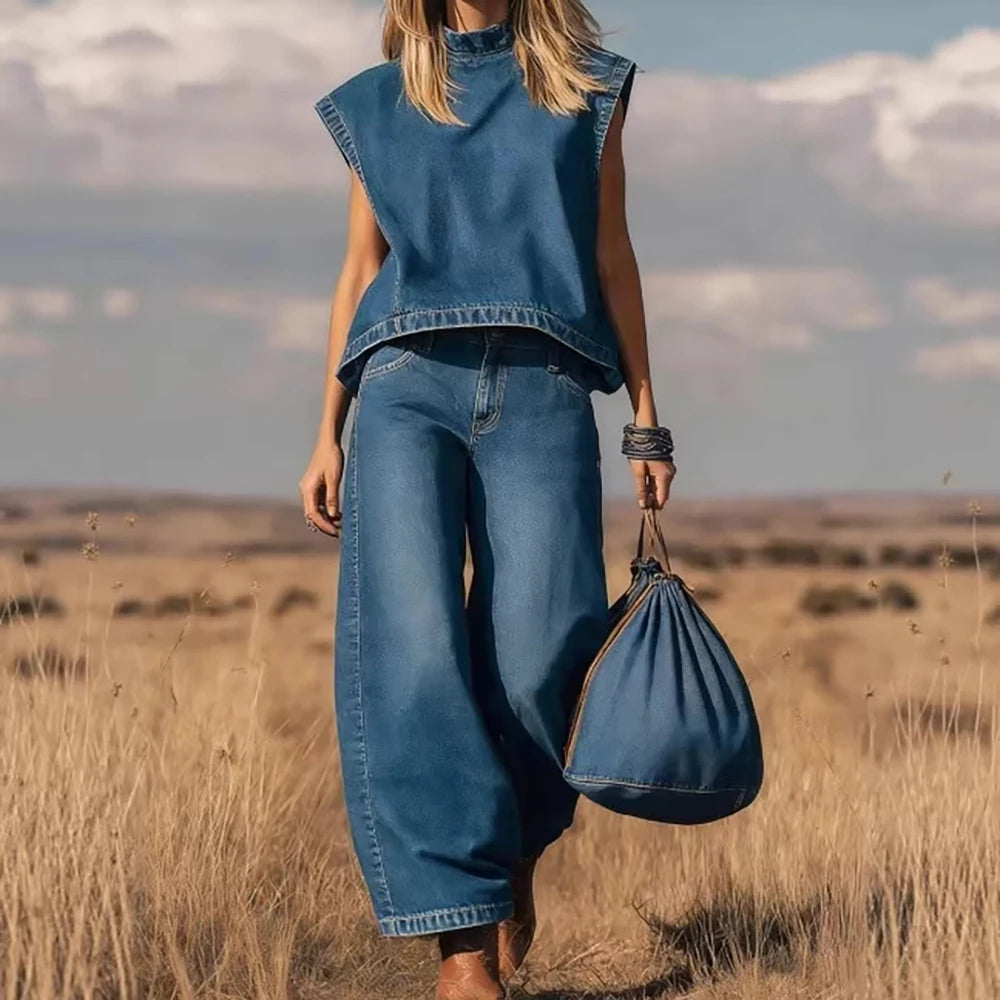 Vintage Western Denim Vest Top Two Piece Set Solid Crew Neck Sleeveless Loose T-Shirt With Wide Leg Pants