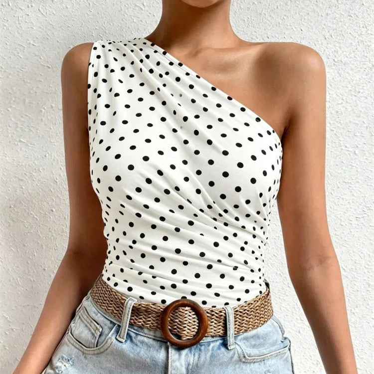 One Shoulder Pleated Tank Top Summer Solid Sleeveless Ruched T-shirt Streetwear Off the Shoulder Top