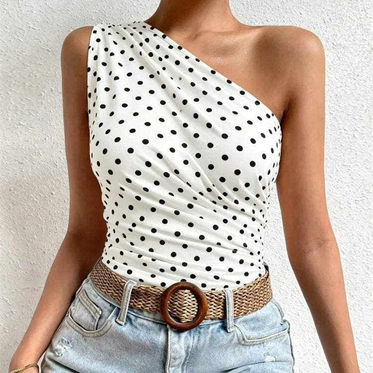 One Shoulder Pleated Tank Top Summer Solid Sleeveless Ruched T-shirt Streetwear Off the Shoulder Top