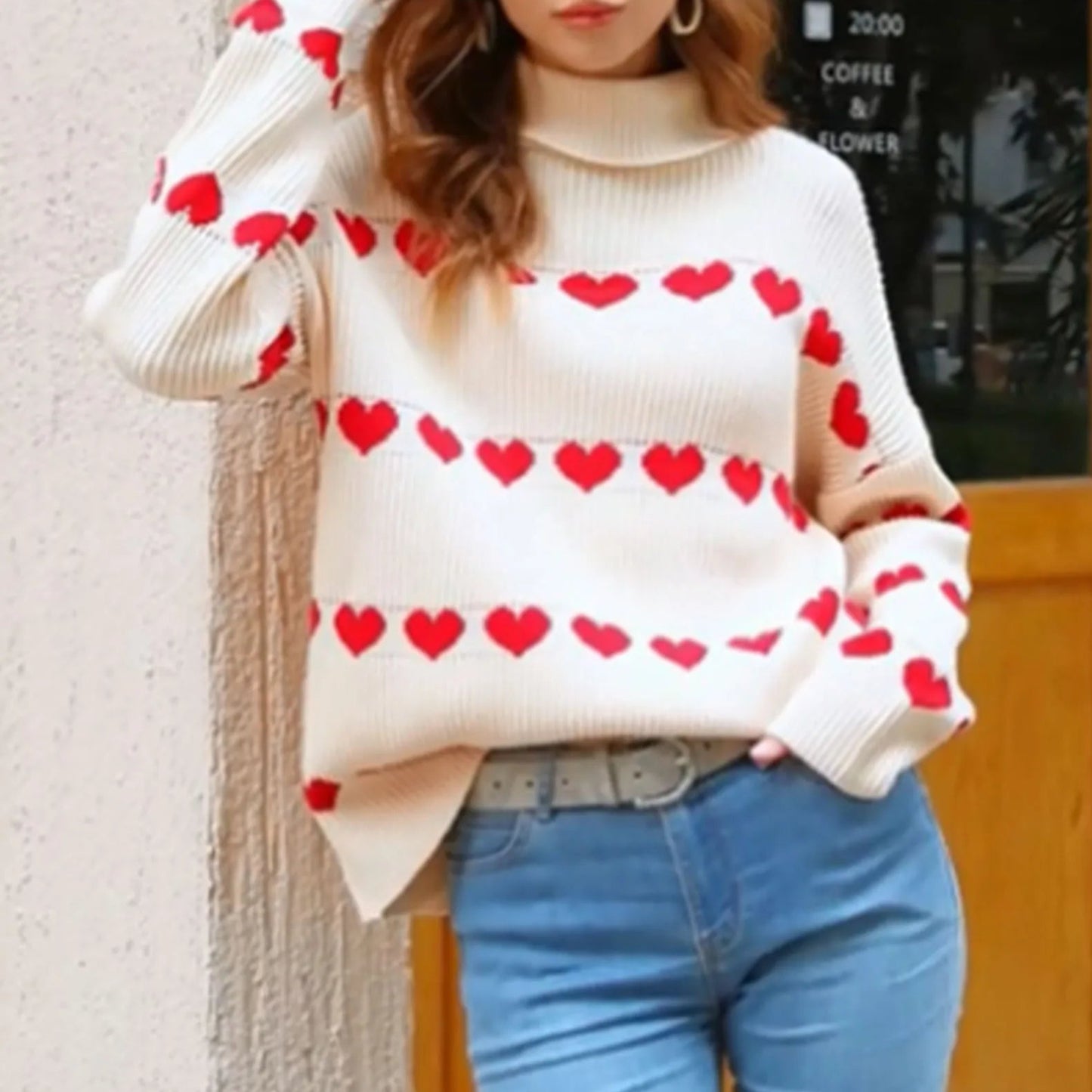 Valentine's Day Women's Heart Print Sweaters Long Sleeve Turtleneck Oversized Pullovers Casual Knit Tops