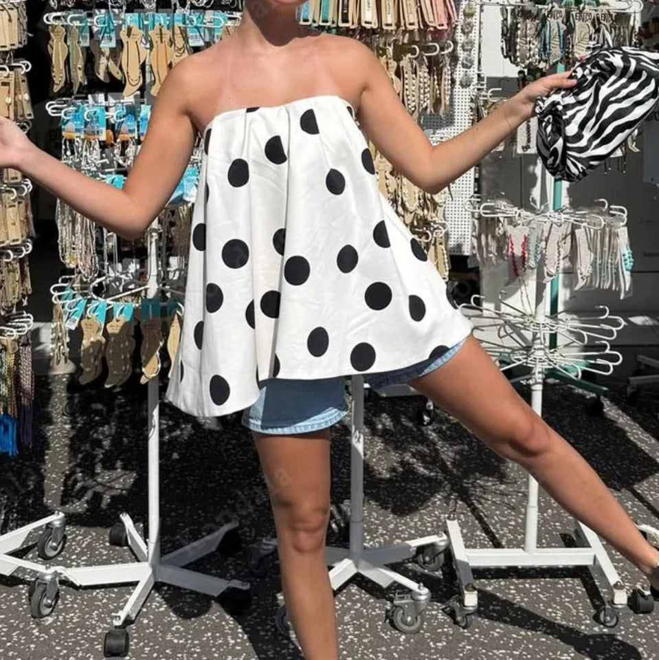 Strapless Top Polka Dot Elastic Tops Fashion High Street Sexy Tops Holidays Romantic Lady Tops