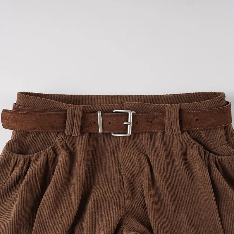 Autumn Brown Corduroy Culotte Shorts with Low-Waist & Suede Belt