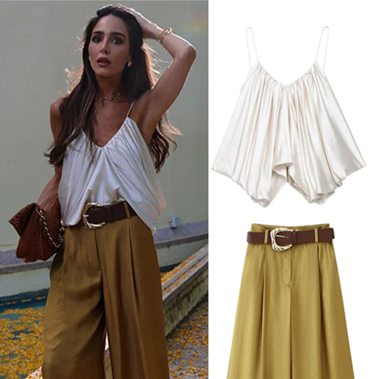 Elegant Women Vest Pants Set Solid Sling V-neck Backless Tops Belt Zipper Wide Leg Long Trouser Lady Suit