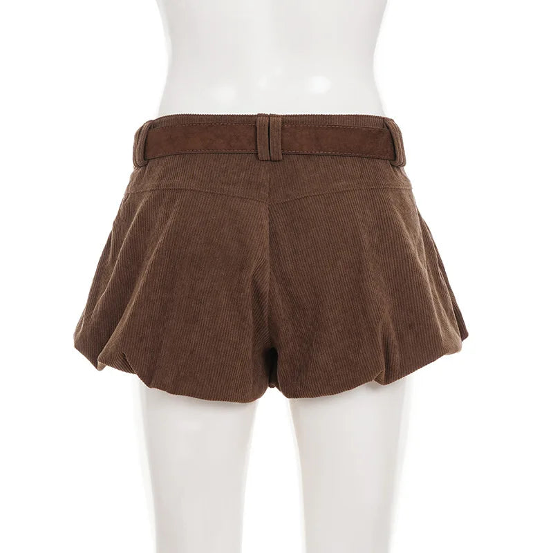 Autumn Brown Corduroy Culotte Shorts with Low-Waist & Suede Belt