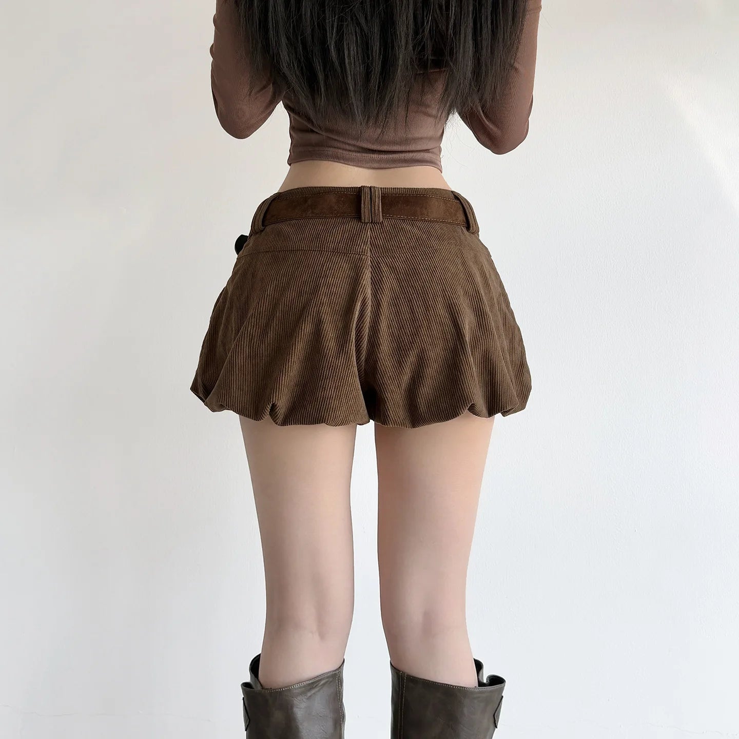 Autumn Brown Corduroy Culotte Shorts with Low-Waist & Suede Belt