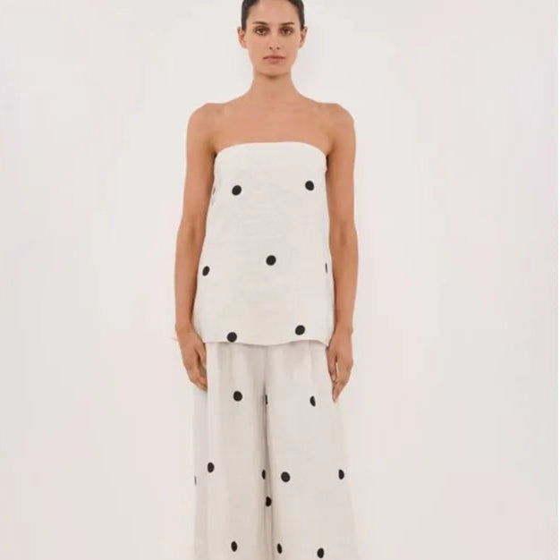 Backless Polka Dot Tops Pants Sets Loose Strapless Back Split Vest Pocket Wide Leg Pant