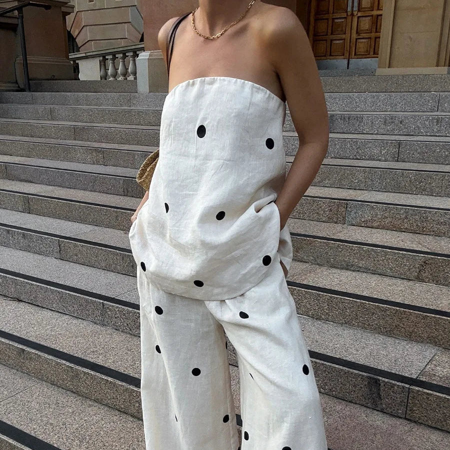 Backless Polka Dot Tops Pants Sets Loose Strapless Back Split Vest Pocket Wide Leg Pant