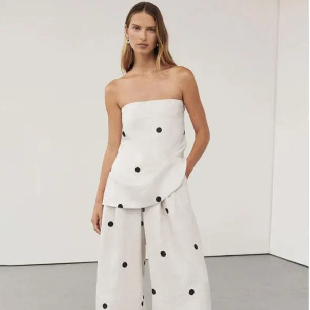 Backless Polka Dot Tops Pants Sets Loose Strapless Back Split Vest Pocket Wide Leg Pant