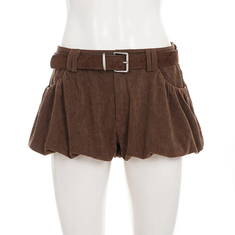 Autumn Brown Corduroy Culotte Shorts with Low-Waist & Suede Belt