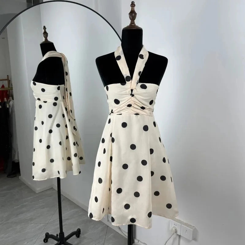 Polka Dot Halter Mini Dress Women Double Layer Lace Up Backless Boho Dresses Printed Dress For Beach Holiday